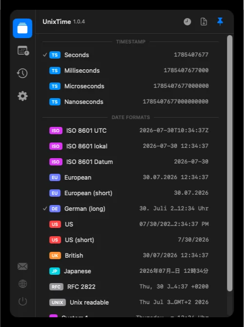 Unix timestamp converter for Mac – convert in the menu bar (dark mode)