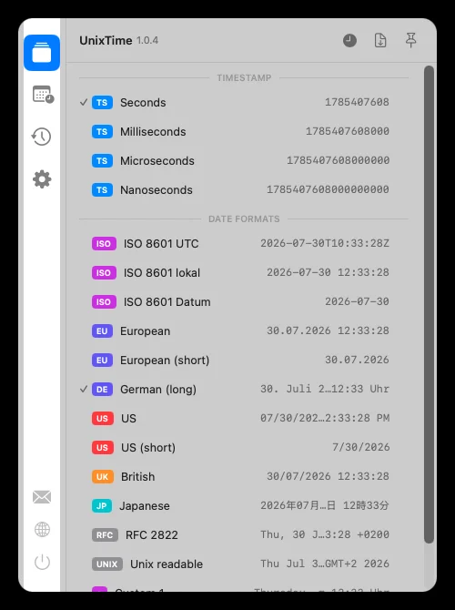 Unix timestamp converter for Mac – convert in the menu bar (light mode)
