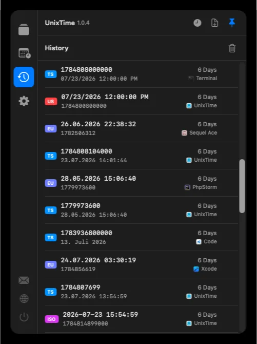 Conversion history showing the source app