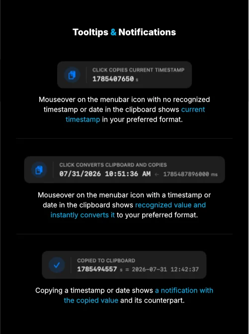 Tooltips on mouseover and notifications when copying