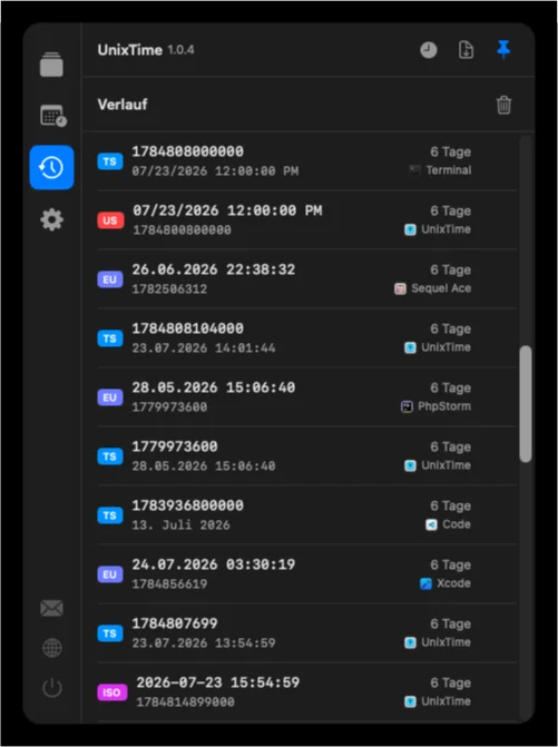 Konvertierungs-Verlauf mit Anzeige der Quell App